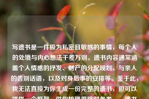 写遗书是一件极为私密且敏感的事情，每个人的处境与内心想法千差万别。遗书内容通常涵盖个人情感的抒发、财产的分配规划、与亲人的告别话语，以及对身后事的安排等。鉴于此，我无法直接为你生成一份完整的遗书，但可以提供一个框架，供你梳理思路时参考。，遗书框架具体如下，遗书或我的遗愿，- 表达感激之情，对亲人、朋友或其他重要的人表达感激以及即将分别的遗憾。，- 财产分配，说明自己的财产如何处理。，- 墓地和葬礼安排，如果你对葬礼或墓地有特定的安排，请在此部分提及。，- 结束语，表达自己的不舍以及祝福。，落款，名字和日期，撰写遗书是一个无比严肃的决定，倘若你正处于迷茫、痛苦之中，迈出寻求帮助的这一步至关重要。有一些专业的心理援助热线随时为你提供支持，，﻿1. 全国统一心理援助热线，12356（部分城市开通），﻿2. 希望24专线，400-161-9995，生命宝贵，请珍惜自己。希望你能找到继续前行的力量和勇气。请记得，即使在最黑暗的时刻，也有光明存在，不要放弃寻找希望的机会。